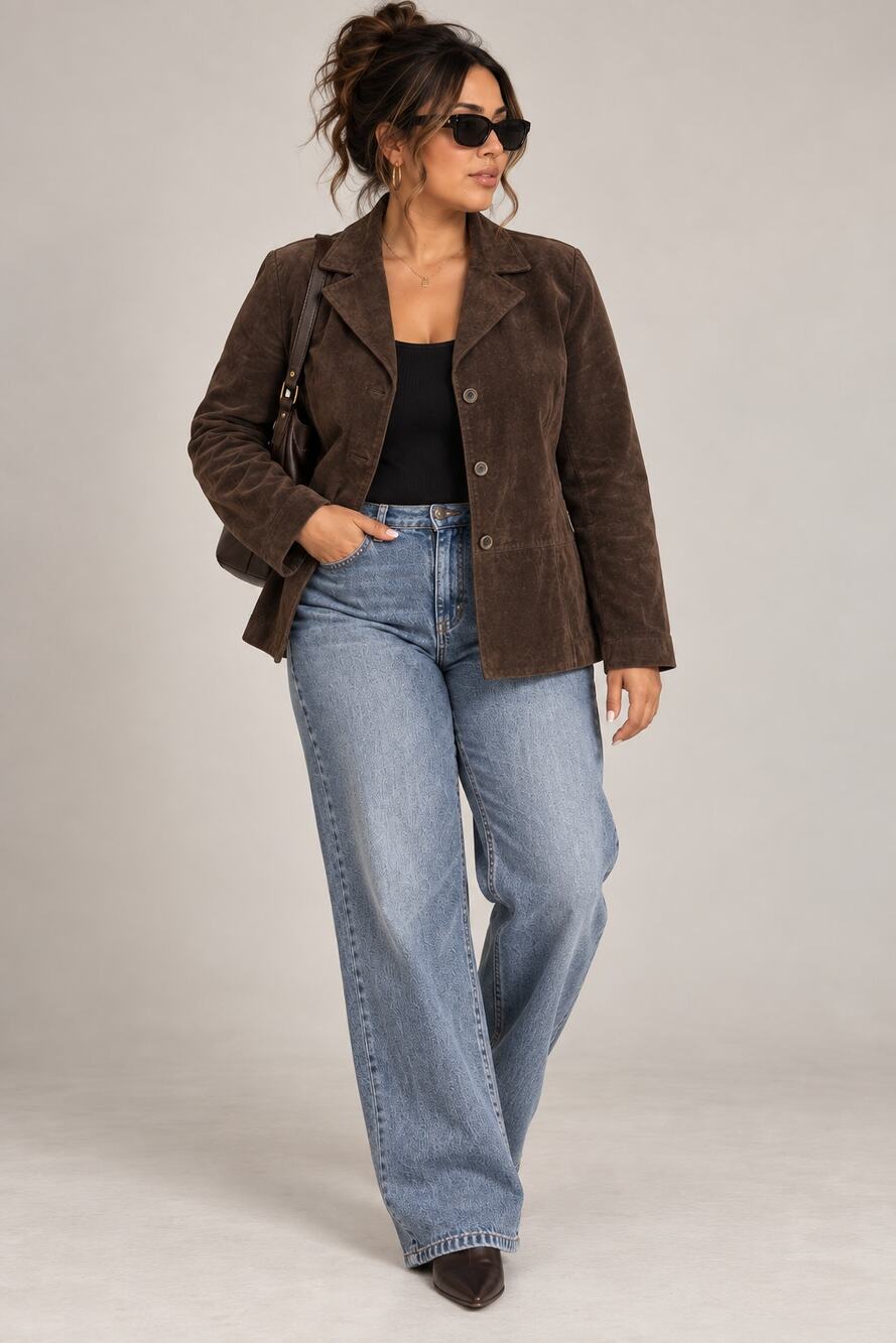 Chico's Size 3 Brown Genuine Suede Leather Blazer Jacket Lined 3 Button